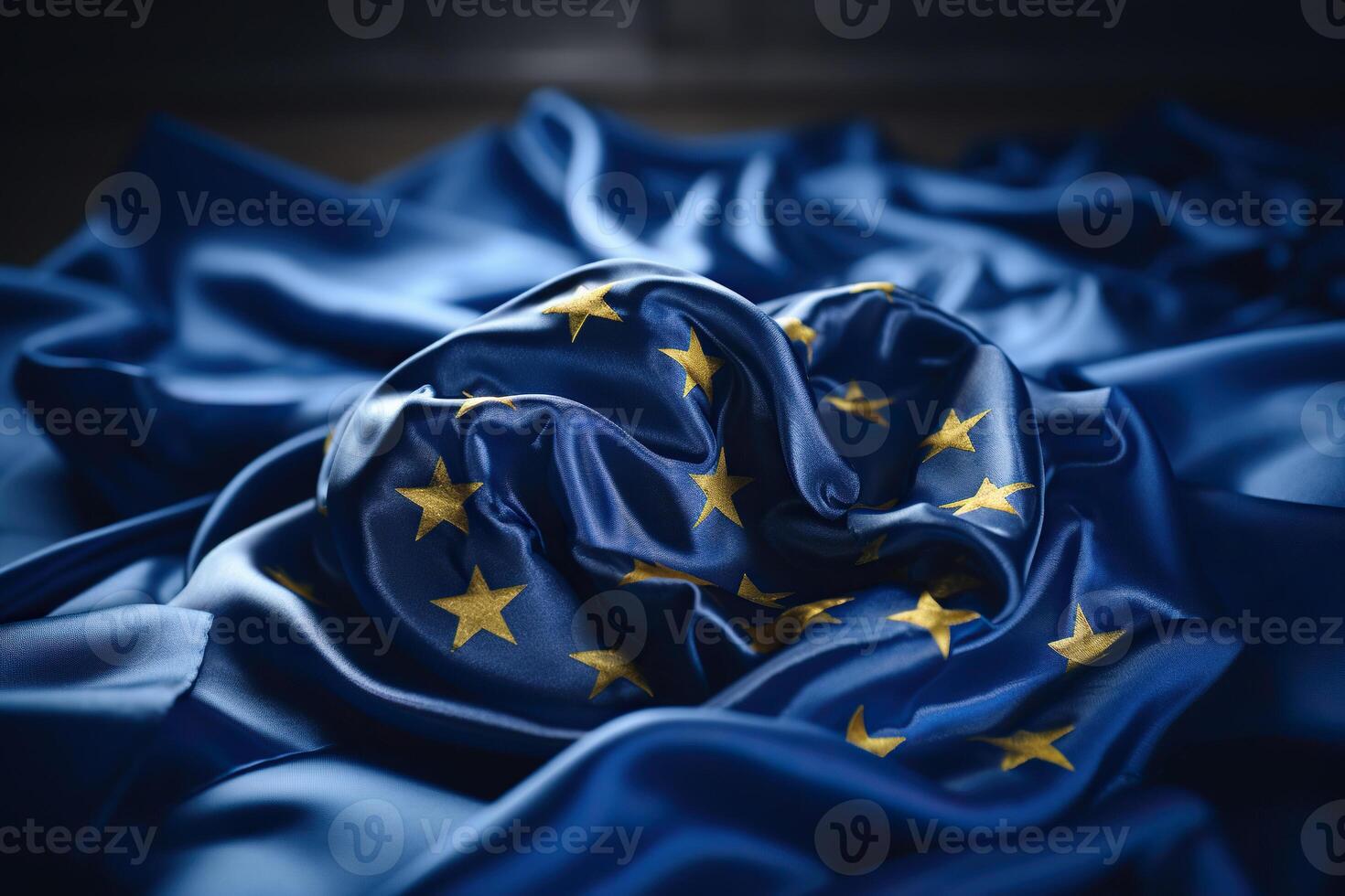 ai generiert Gelb Sterne auf Blau Seide Stoff. Symbol von das europäisch Union. europäisch Union Flagge. generiert durch künstlich Intelligenz foto