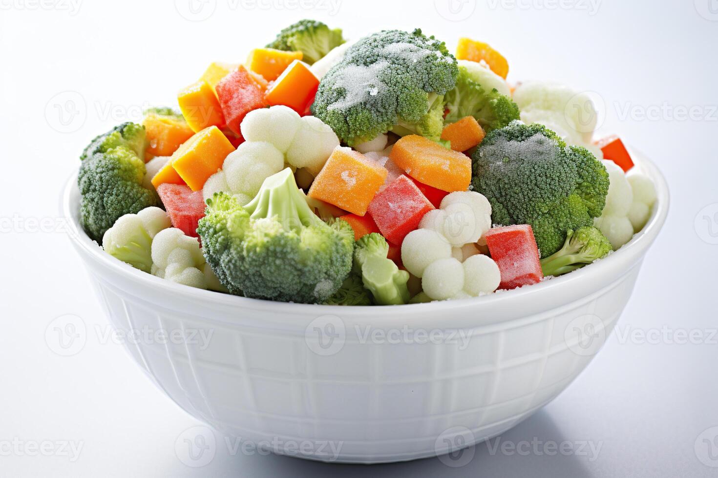 ai generiert gefroren Gemüse im ein Weiß Schüssel auf ein Weiß Hintergrund. generiert durch künstlich Intelligenz foto