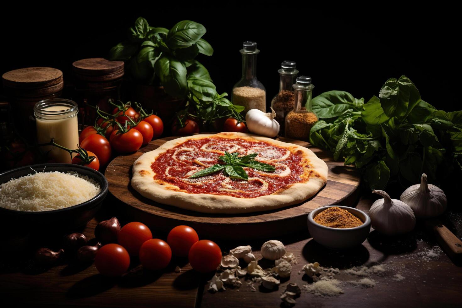 ai generiert Herstellung vegan Pizza. Pizza mit Tomate, Käse und Basilikum. dunkel Hintergrund. generiert durch künstlich Intelligenz foto
