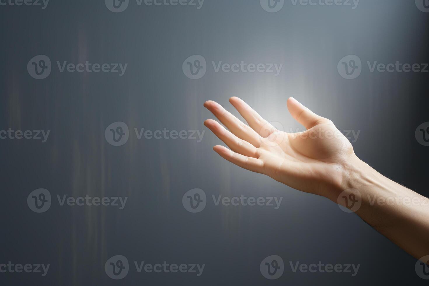 ai generiert Licht kommt von ein Frau Hand gegen das Hintergrund von ein grau leeren Mauer. Konzept von spirituell Leben, Unterstützung. generiert durch künstlich Intelligenz foto