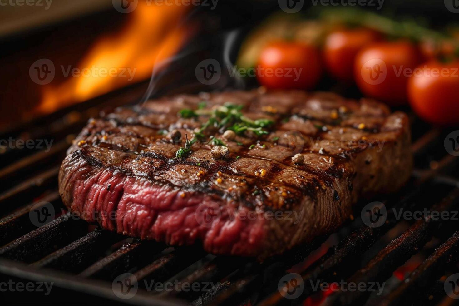 ai generiert Bohnenkraut Freude ein saftig und Selten gegrillt Steak bereit zu Essen foto