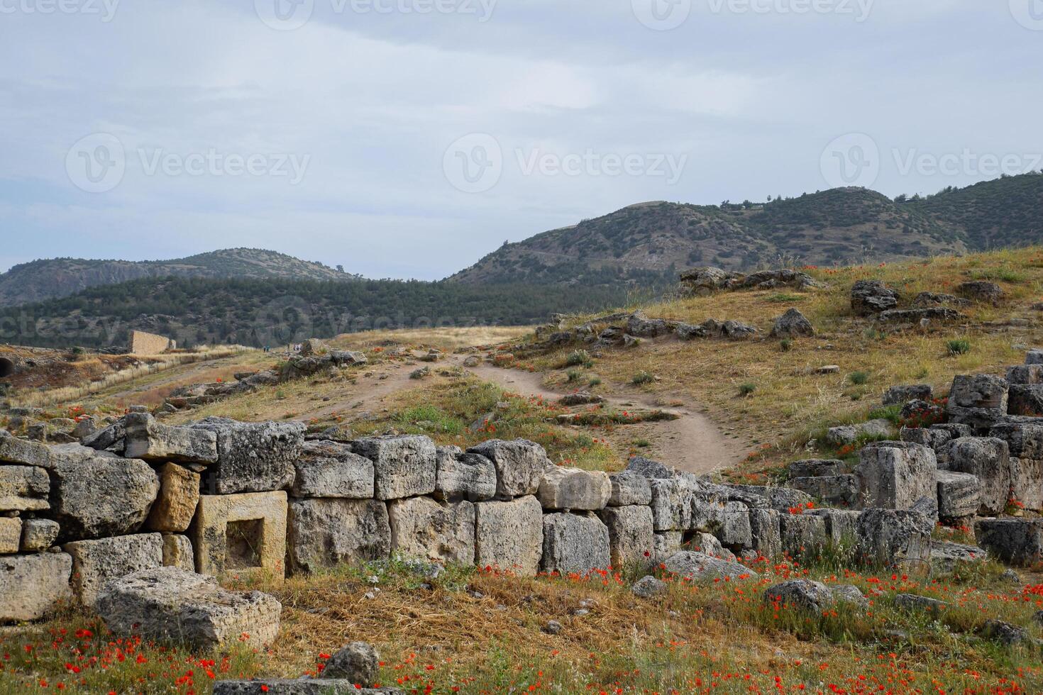 Wände von das uralt Ruinen von Kalkstein Blöcke. Ruinen von das Stadt von Hierapolis, Truthahn. foto