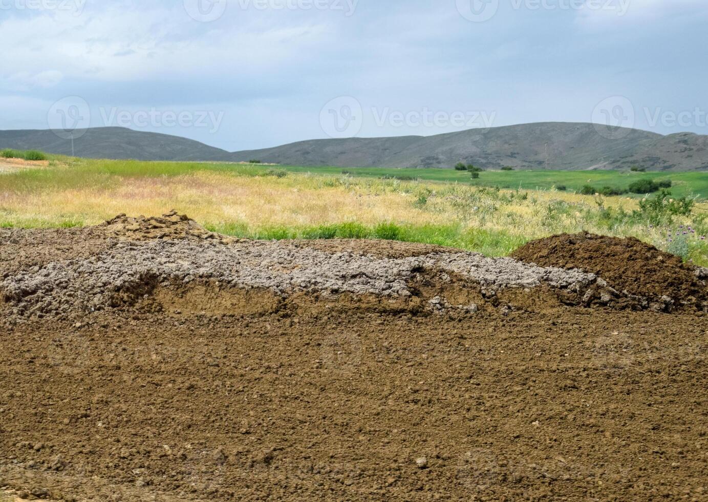 Haufen von düngen im Feld. Kuh und Pferd düngen mit Land. foto