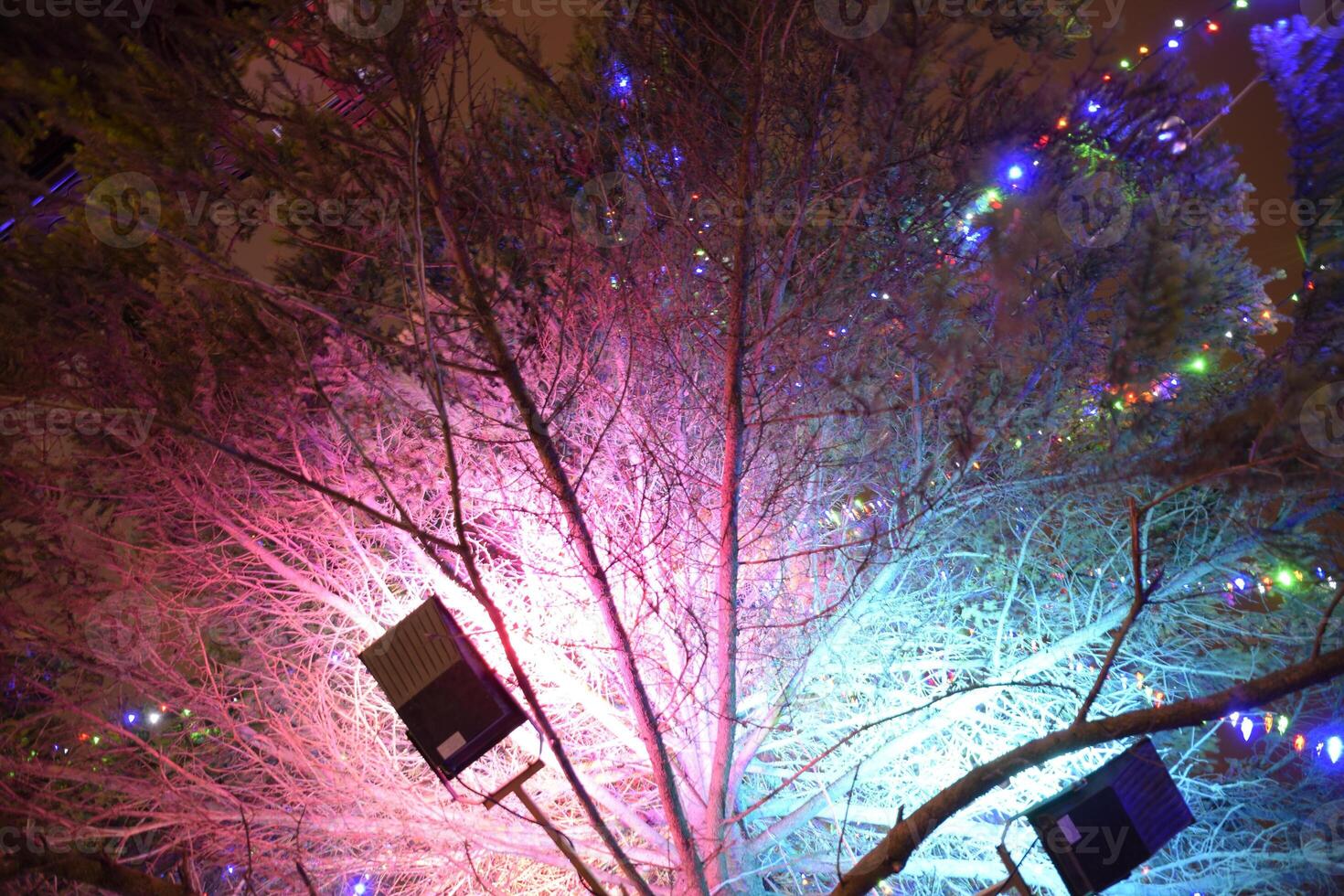 Beleuchtung das Weihnachten Baum innen. Nacht Weihnachten Spielzeuge. foto