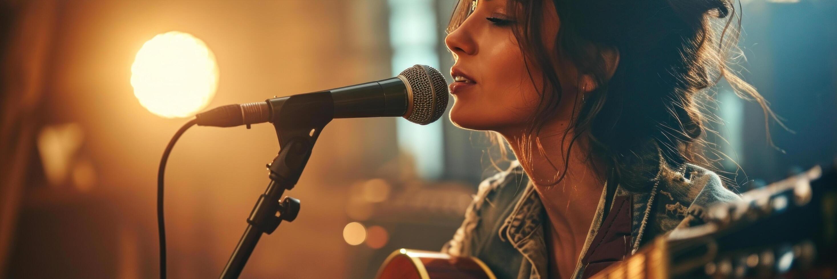 ai generiert ein Frau ist Singen in ein Mikrofon mit ein Gitarre. foto