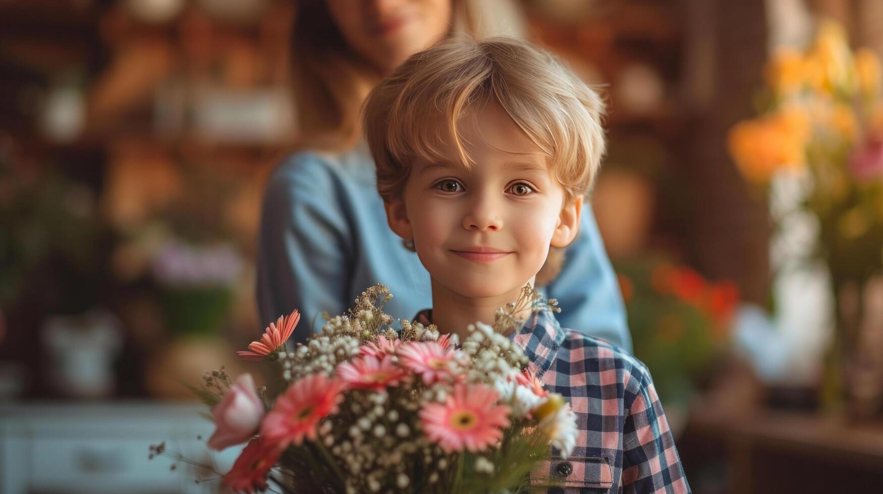 ai generiert ein 10 Jahre alt Junge im ein kariert Hemd steht mit ein Strauß von Blumen zum seine Mutter foto