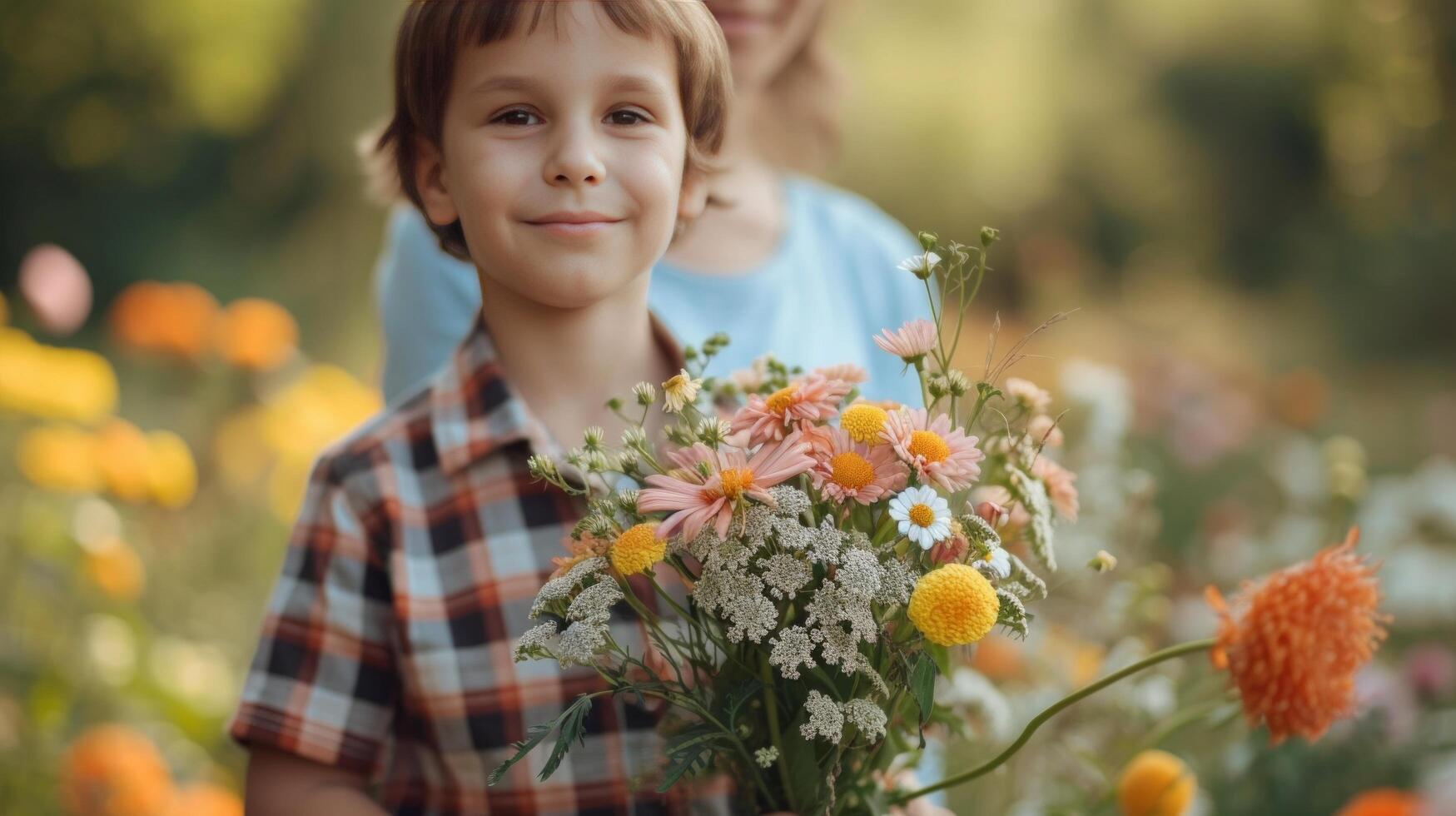 ai generiert ein 10 Jahre alt Junge im ein kariert Hemd steht mit ein Strauß von Blumen zum seine Mutter foto