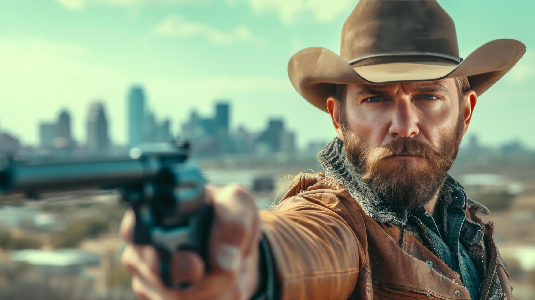 ai generiert gut aussehend cool Texas Ranger mit ein Gewehr suchen beim das Kamera foto