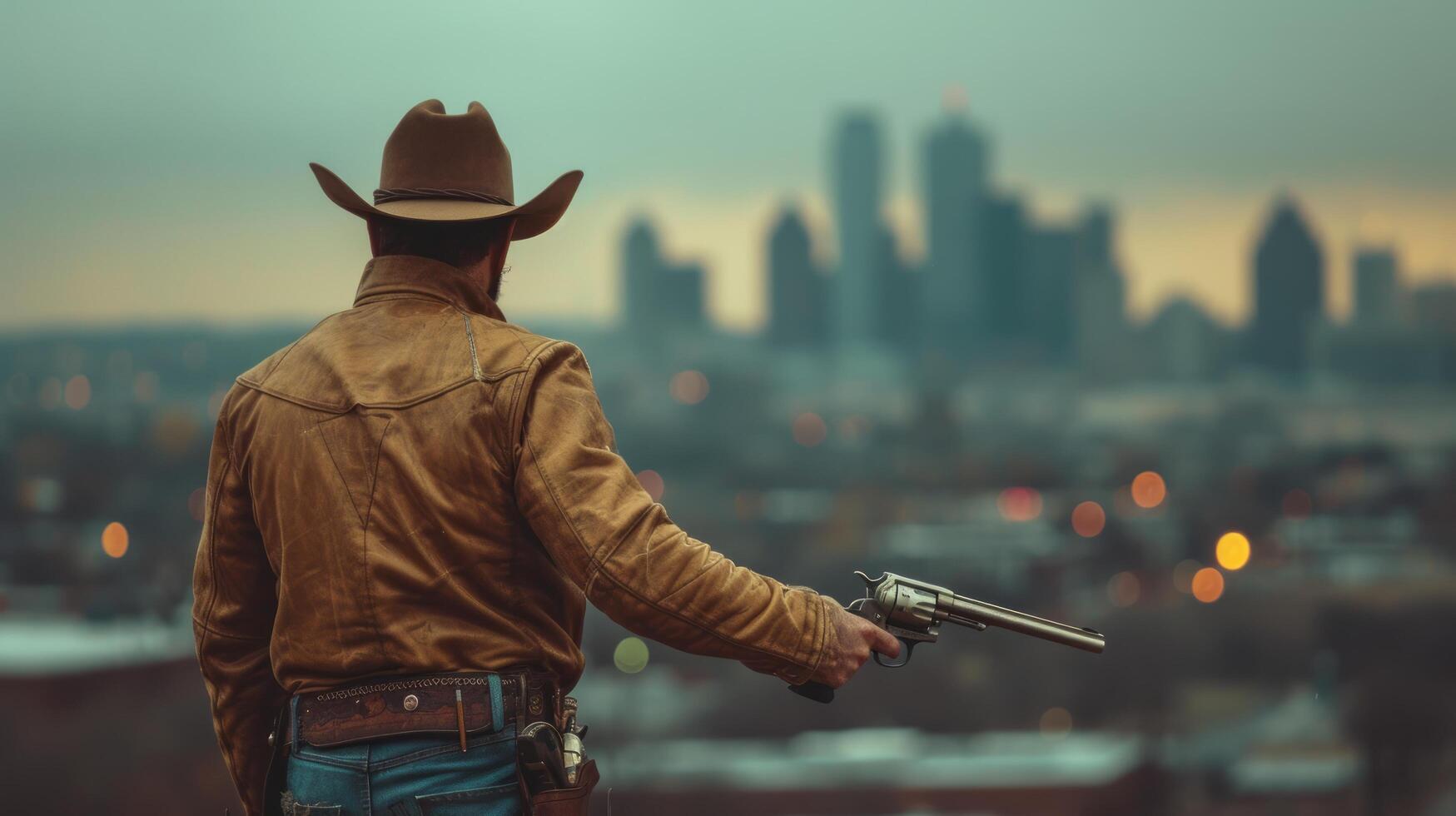 ai generiert gut aussehend cool Texas Ranger mit ein Gewehr suchen beim das Kamera foto