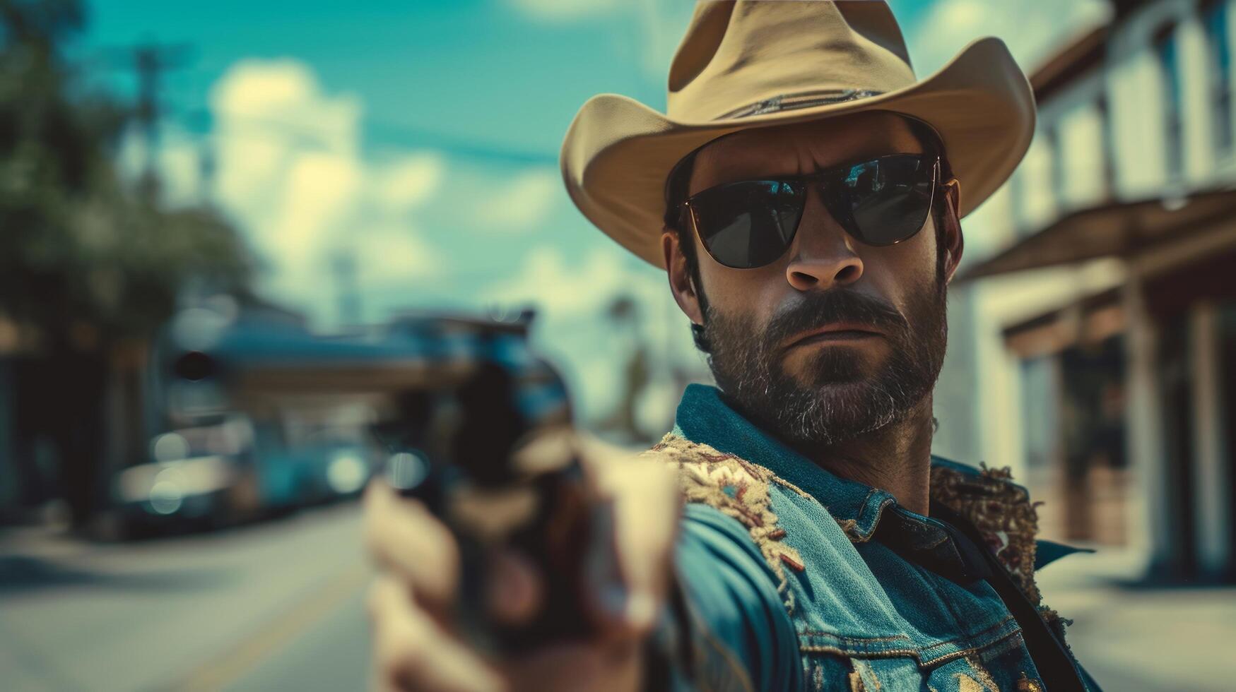 ai generiert gut aussehend cool Texas Ranger mit ein Gewehr suchen beim das Kamera foto