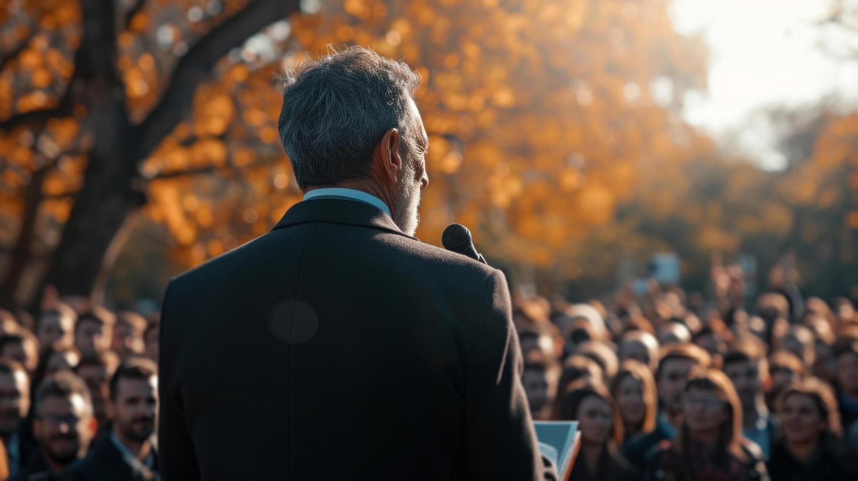 ai generiert ein männlich Politiker liefern ein Rede draußen zu ein Menge von politisch Party Mitglieder foto