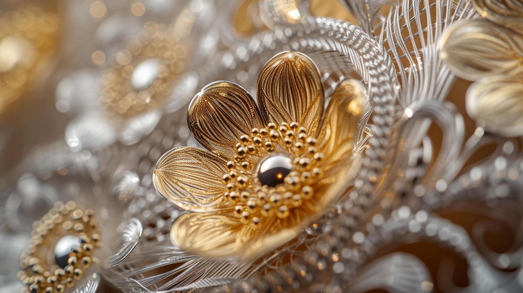 ai generiert ein kompliziert Gitter von verflochten Gold und Silber Filigran, präsentieren zart Handwerkskunst. foto