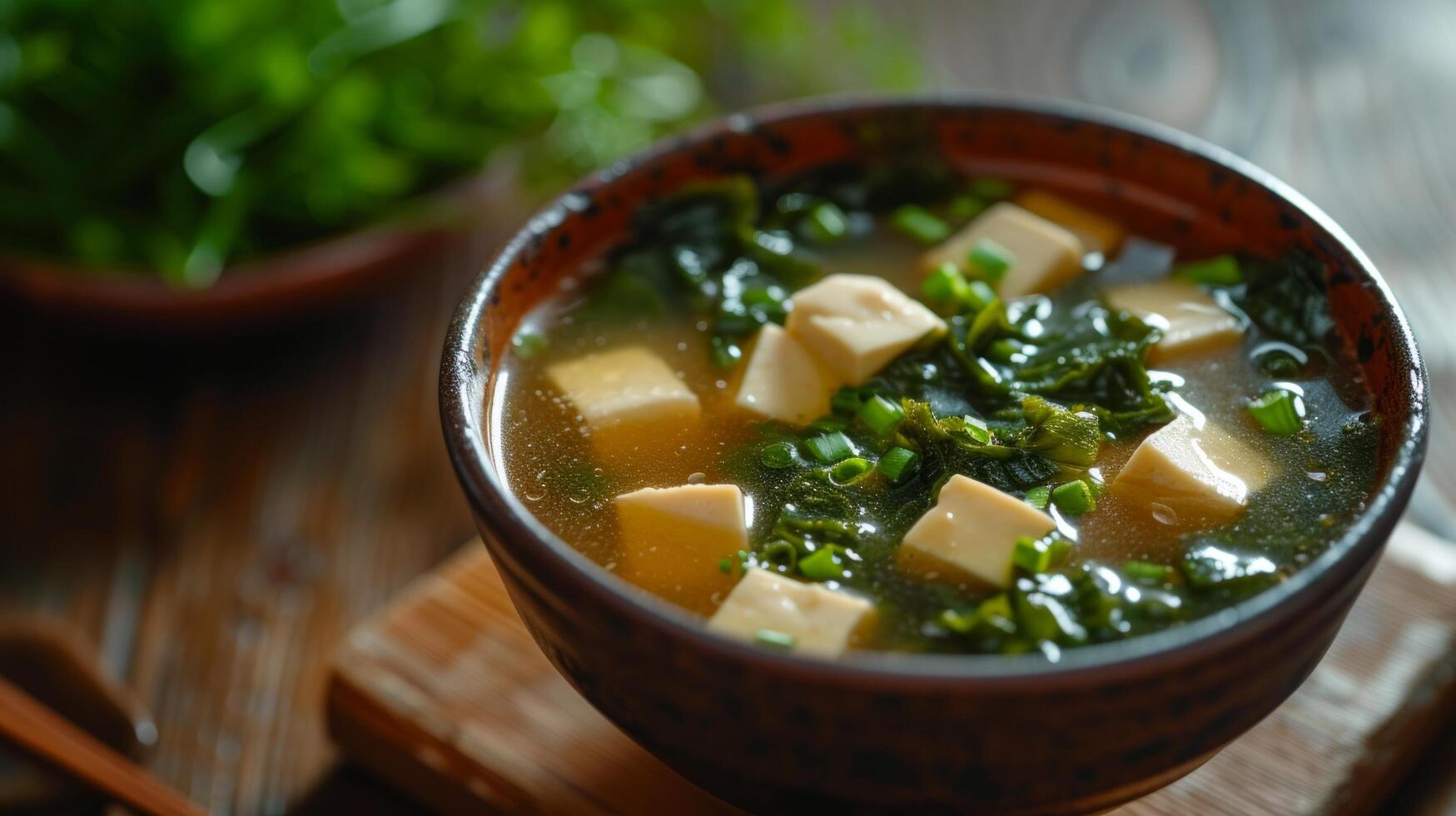 ai generiert ein klassisch Schüssel von Miso Suppe, mit Tofu und Seetang schwebend im ein Bohnenkraut Brühe. foto