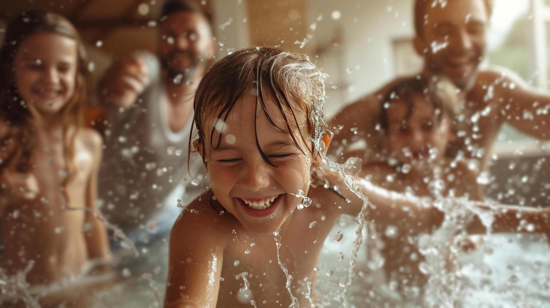 ai generiert Familie Mitglieder haben ein Wasser Kampf während Frühling Reinigung, spritzt von Freude überall foto