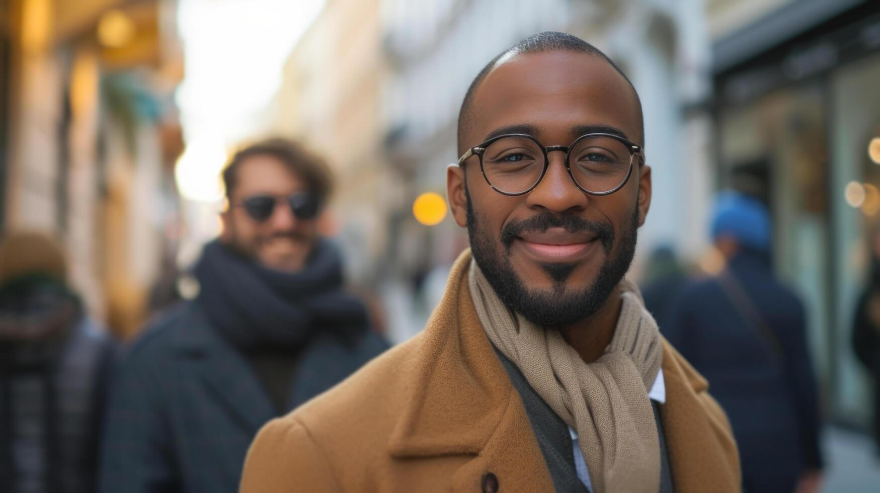 ai generiert höflich Männer gehen Stadt Straßen, suchen in das Kamera mit strahlend lächelt foto