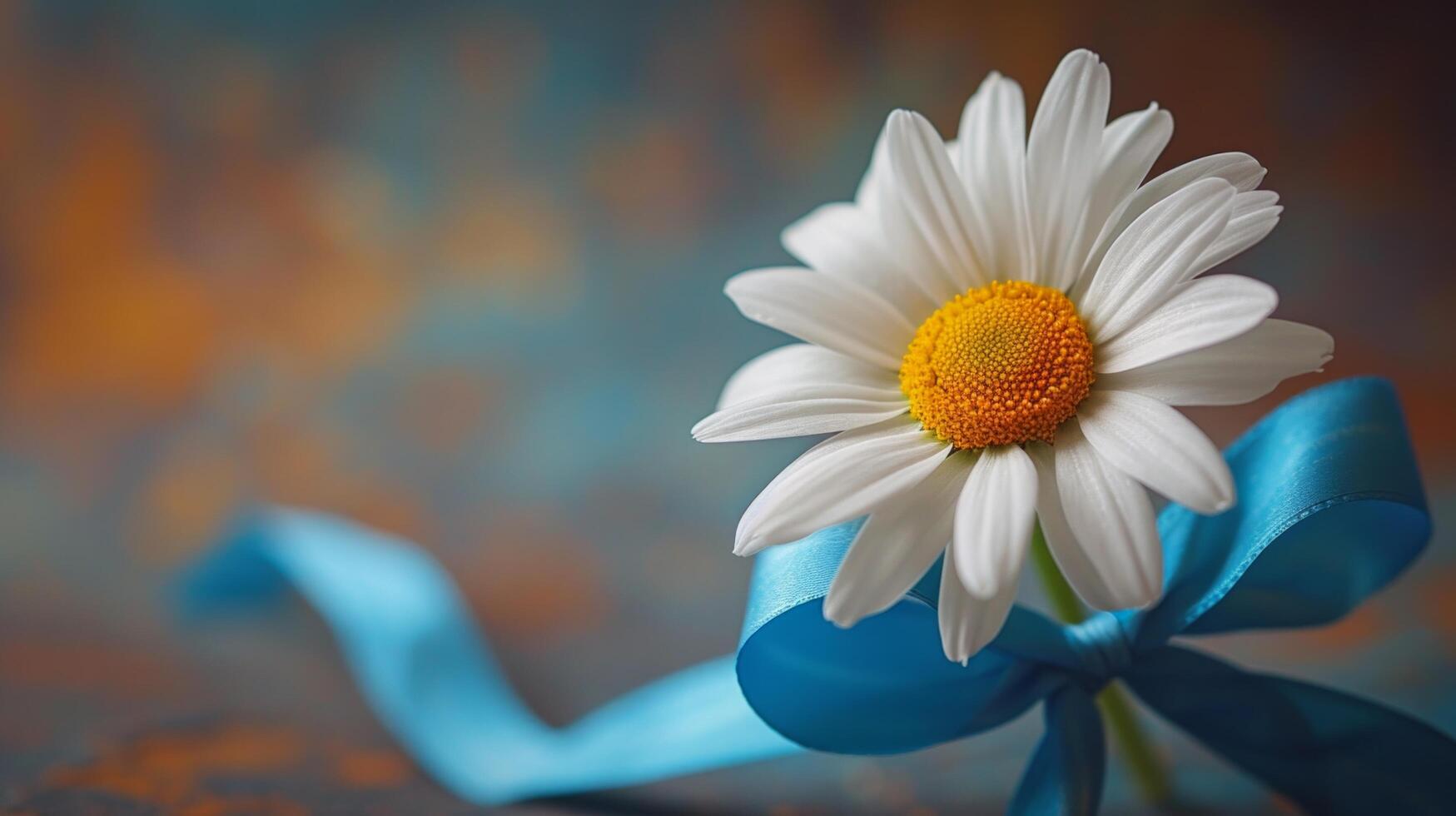 ai generiert ein Single Gänseblümchen mit ein Blau Band, ein subtil nicken zu Arbeit Tage Farben foto