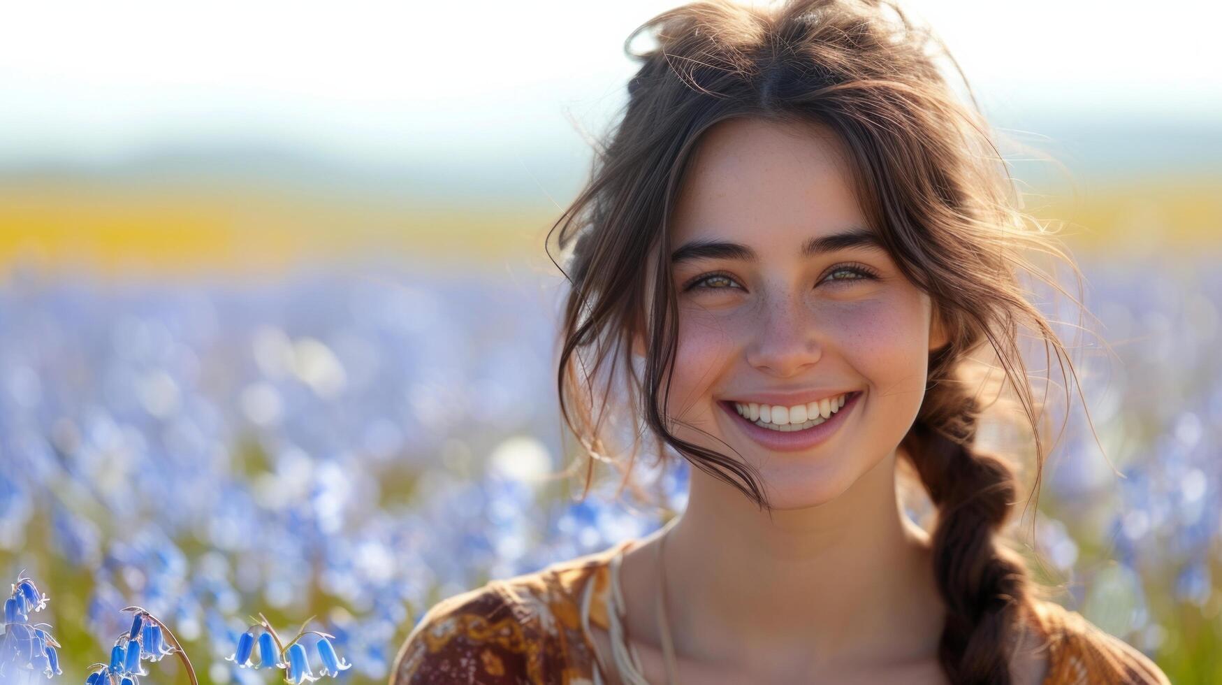 ai generiert ihr Lachen Echos durch ein Feld von Glockenblumen, ein Testament zu Frühling freudig Ankunft foto