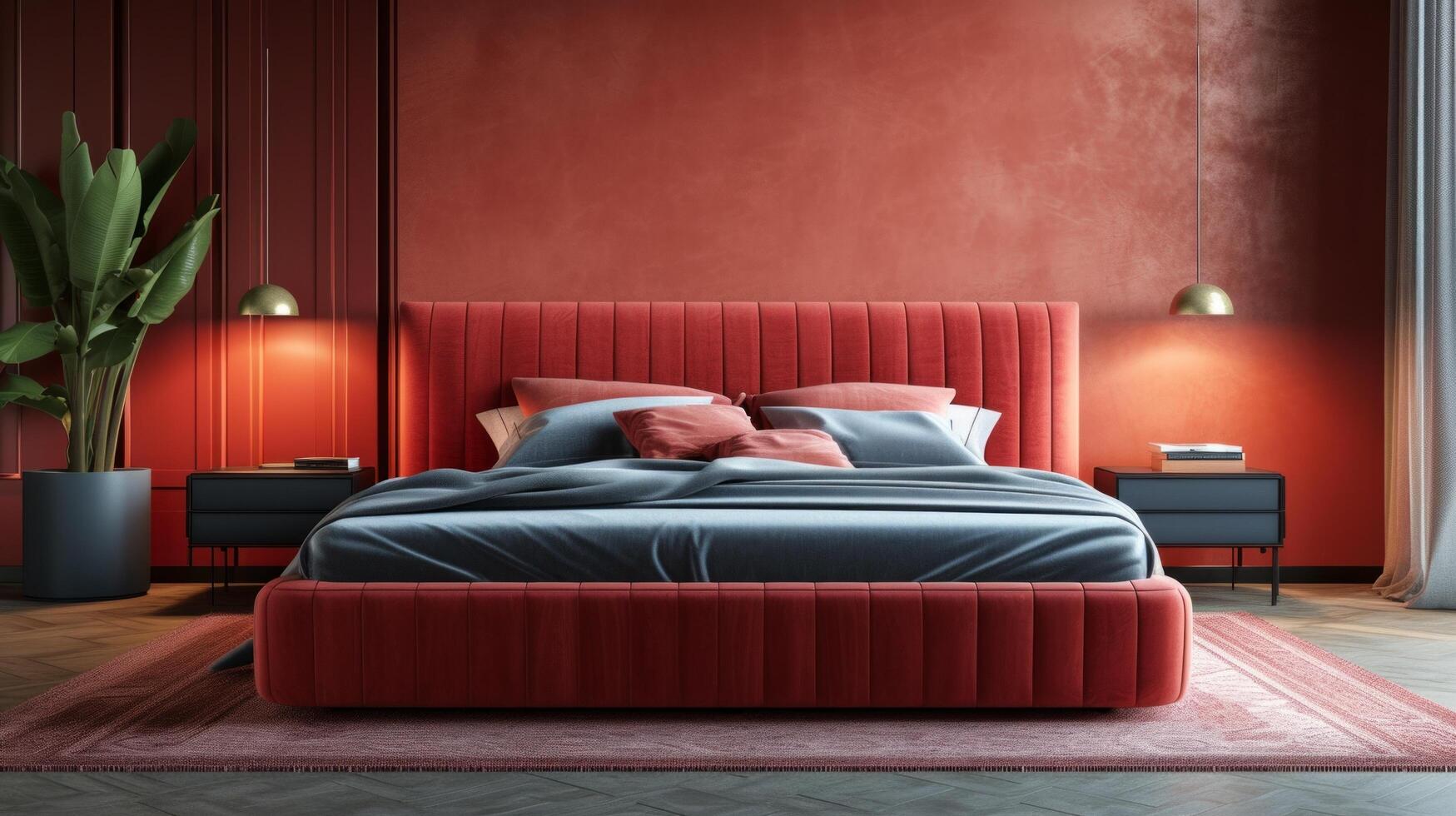 ai generiert tief gefärbt Samt Betten hinzufügen ein Luft von Romantik und Luxus zu modern Schlafzimmer Dekor foto