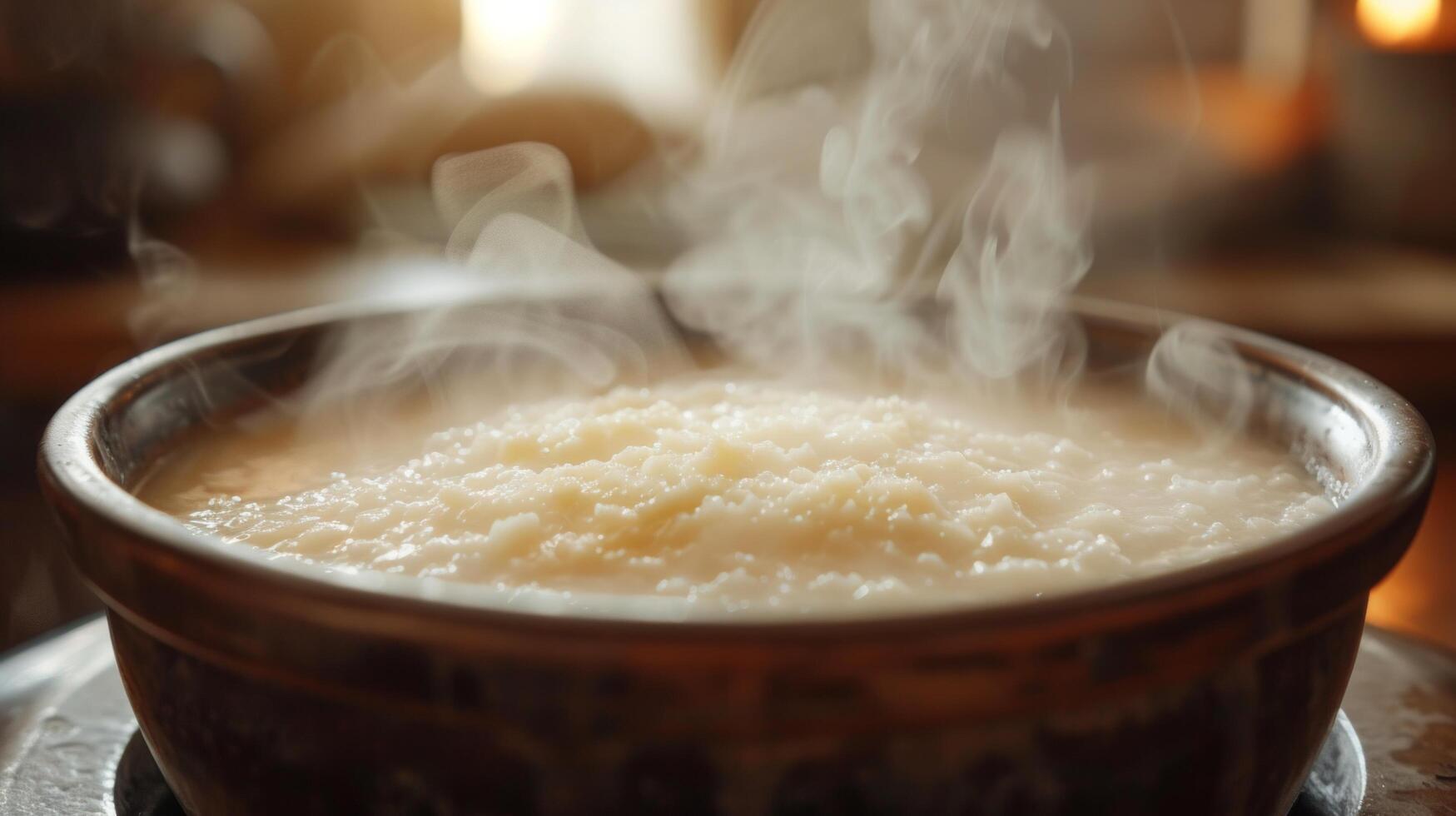 ai generiert ein sprudelnd Topf von hausgemacht Suppe, duftend Dampf steigend von das Oberfläche foto