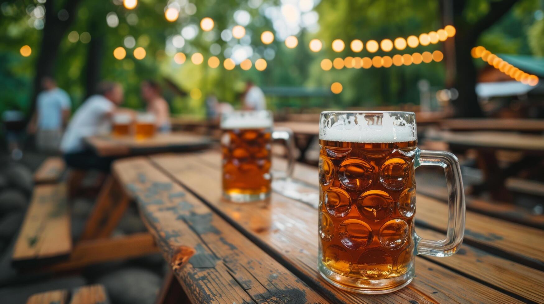 ai generiert ein lebhaft Bier Garten, mit lange hölzern Tabellen und Krüge von Bier Klirren zusammen im Feier foto