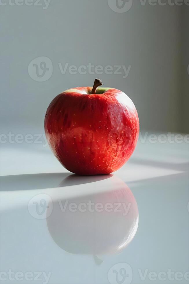 ai generiert ein rot Apfel Sitzung auf oben von ein Weiß Tabelle foto