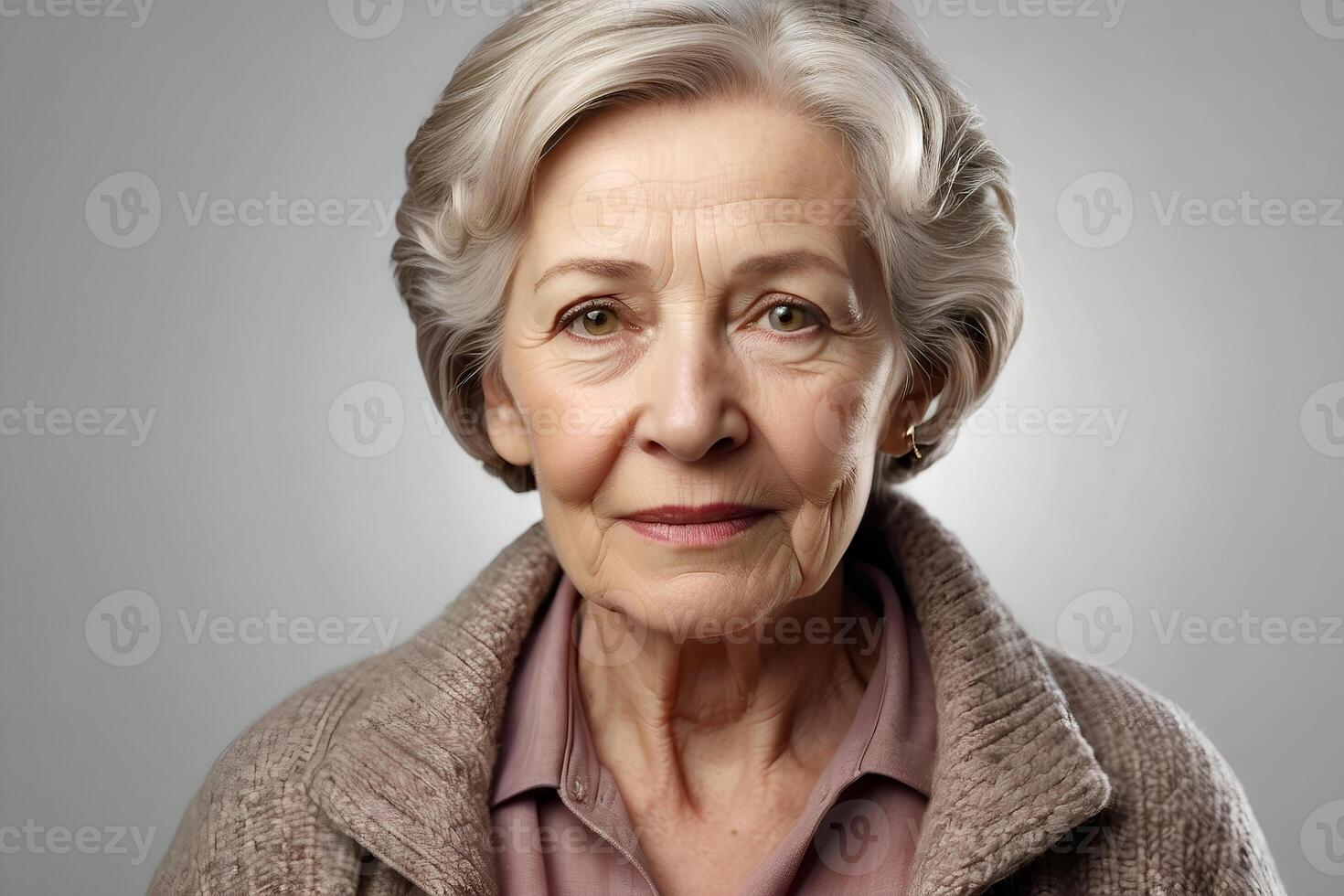 ai generiert Studio Porträt von ein Alten Dame gekleidet wie ein Oma mit ein wohltuend Ausdruck auf ihr Gesicht. foto