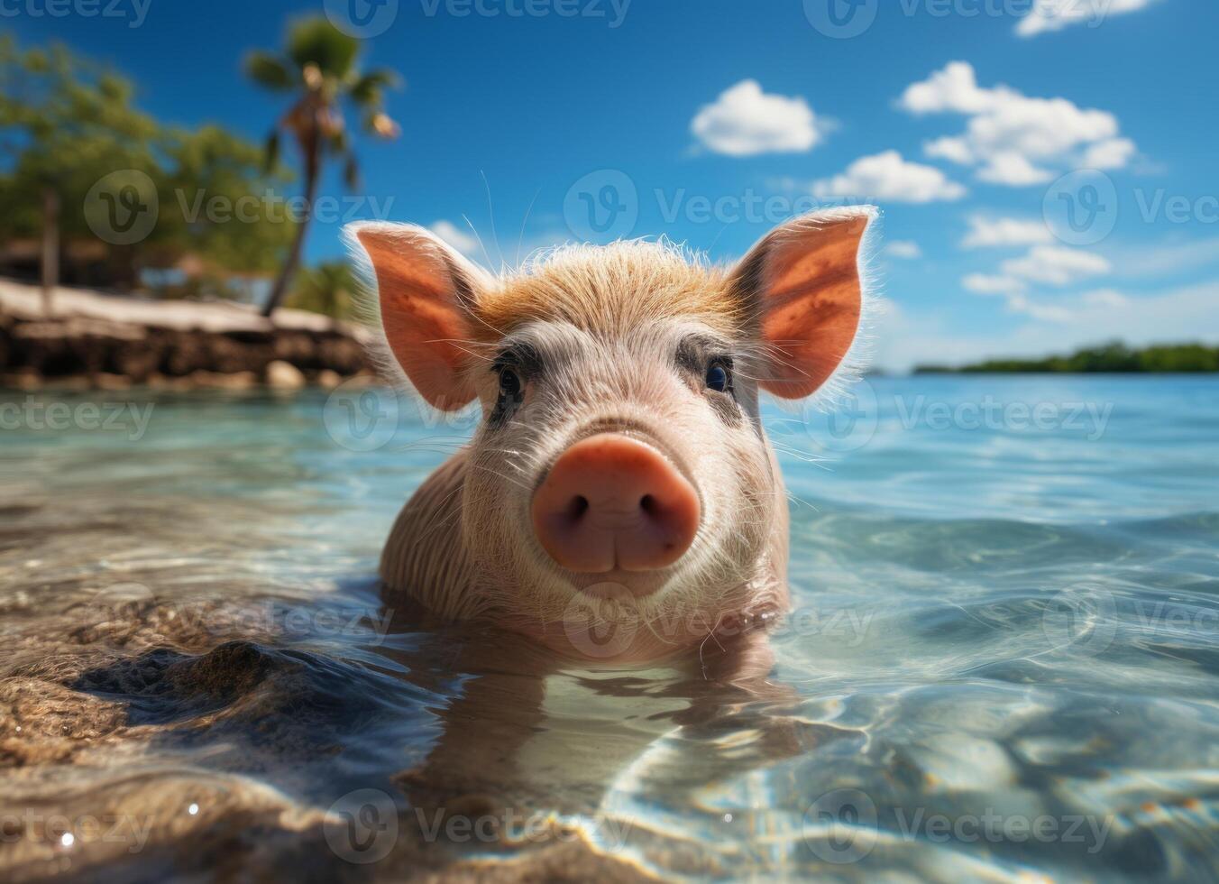 süß Schwein Schwimmen im tropisch Meer, Sommer- Ferien Konzept. foto