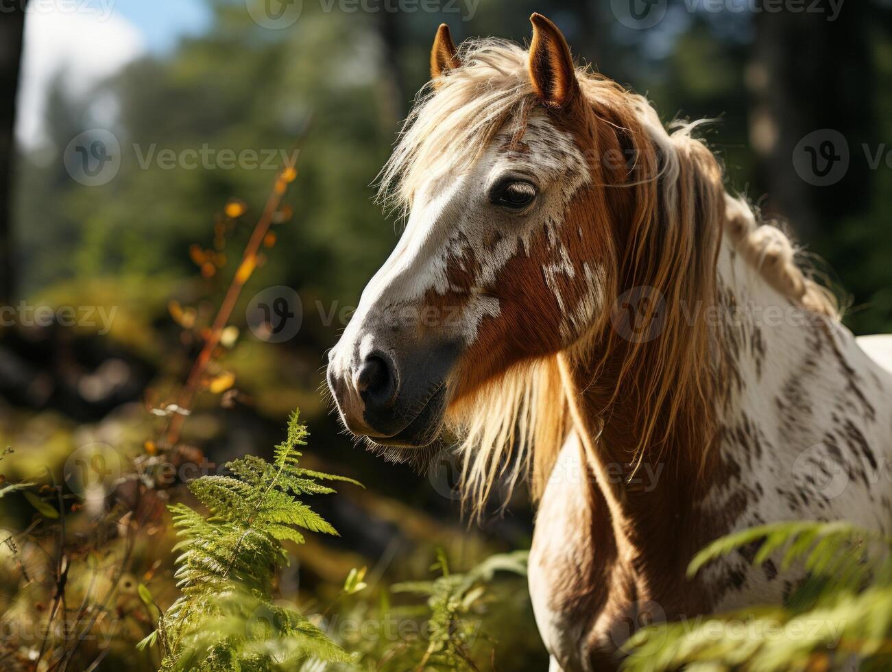 ai generiert Porträt von ein Pferd im das Wald. foto
