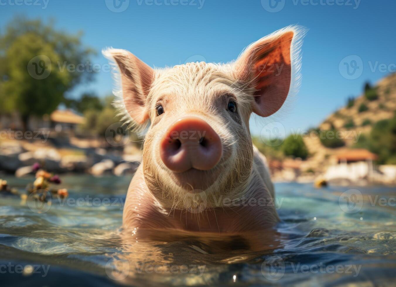 ai generiert süß Schwein Schwimmen im tropisch Meer, Sommer- Ferien Konzept. foto