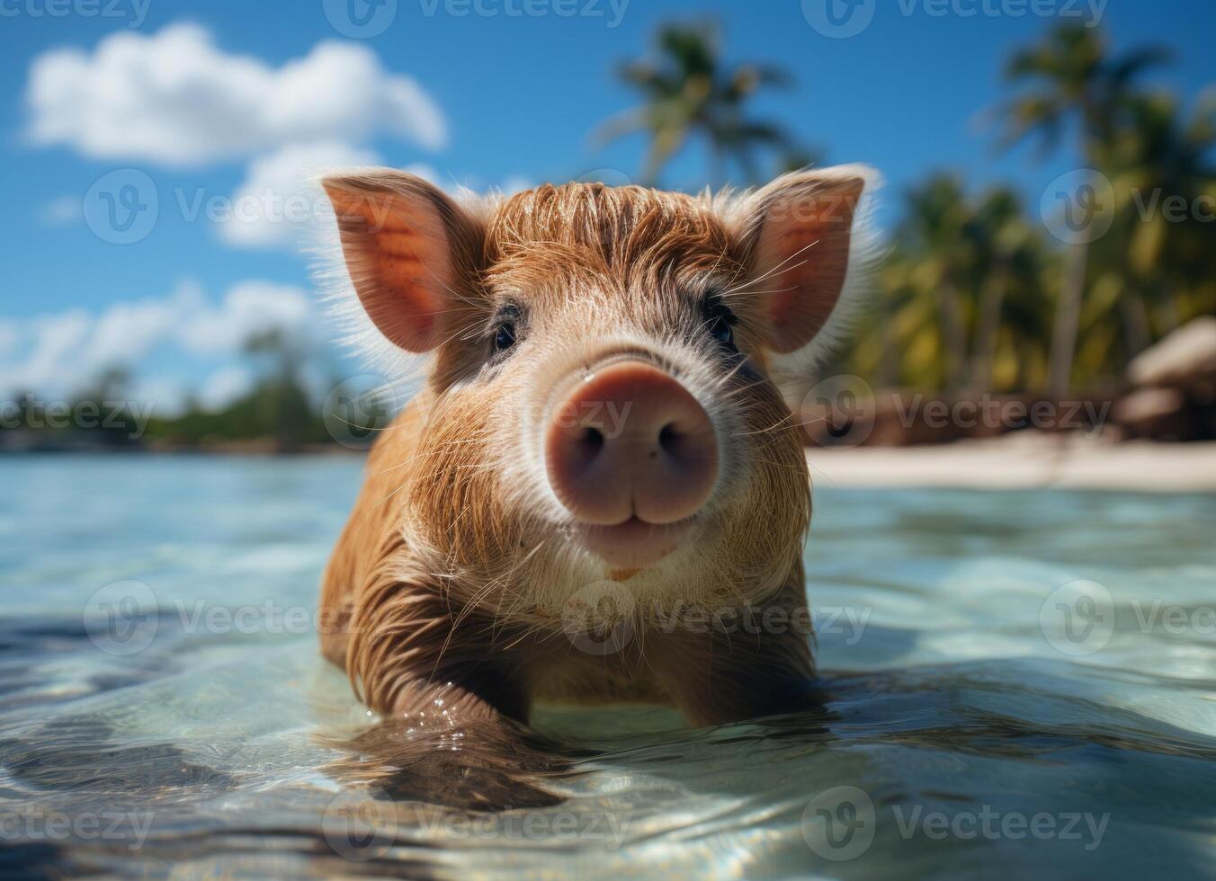 süß Schwein Schwimmen im tropisch Meer, Sommer- Ferien Konzept. foto