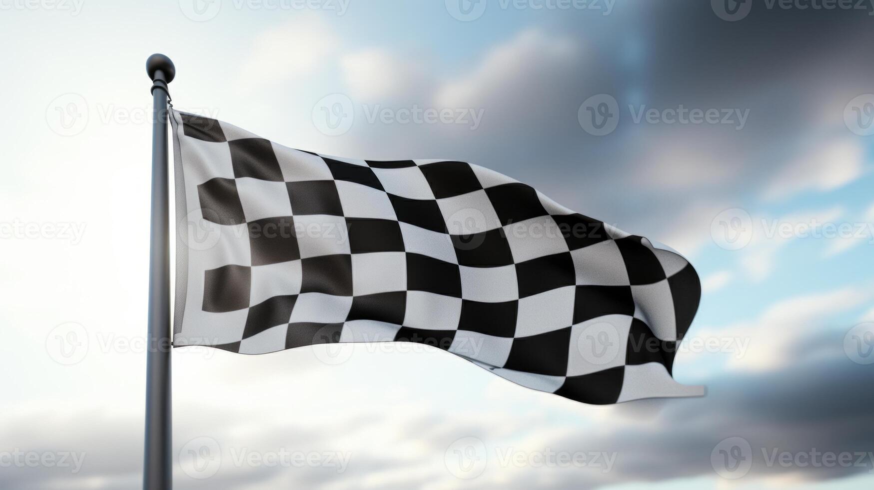 ai generiert Rennen Flagge winken im das Wind Über Asphalt Straße mit wolkig Himmel Hintergrund foto