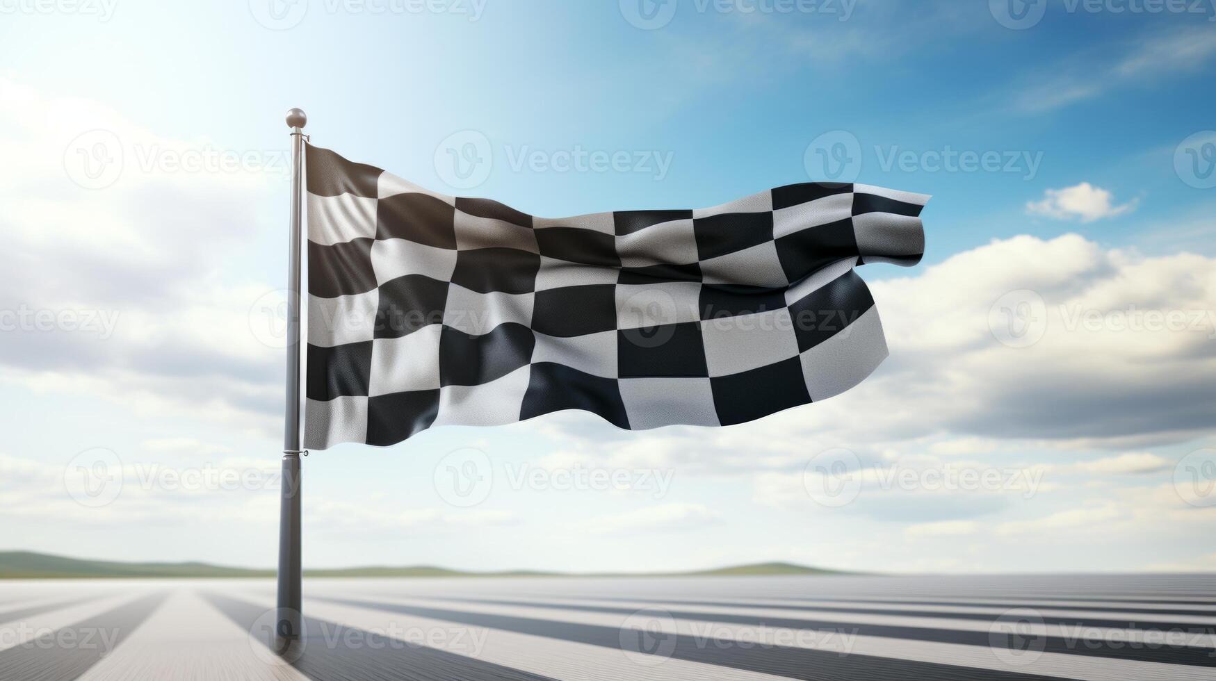 ai generiert Rennen Flagge winken im das Wind Über Asphalt Straße mit wolkig Himmel Hintergrund foto