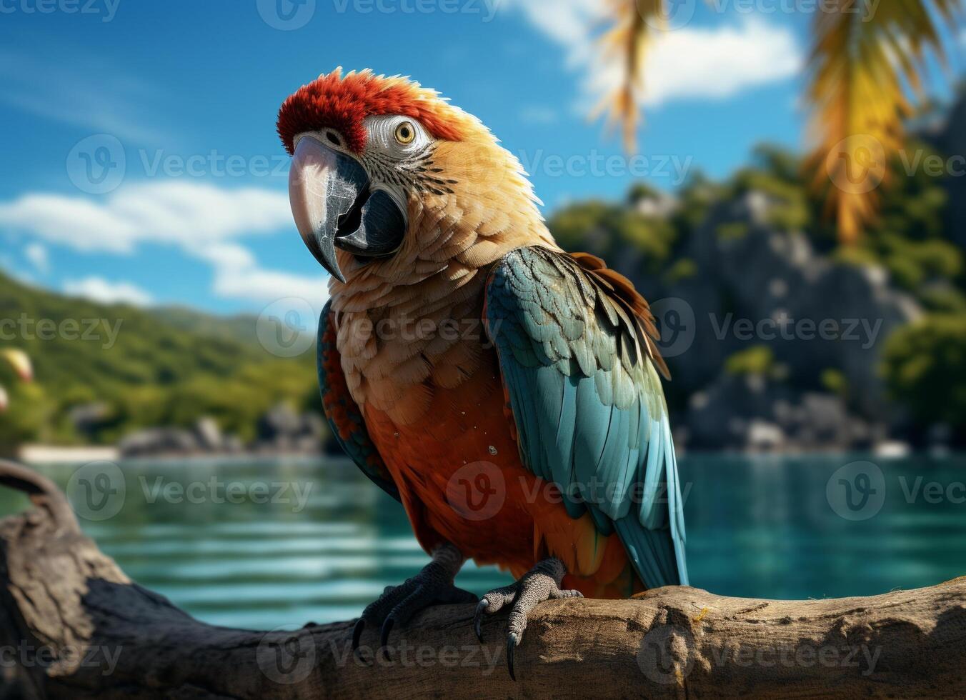 ai generiert Papagei auf das Strand mit Palme Bäume und Blau Himmel Hintergrund. foto