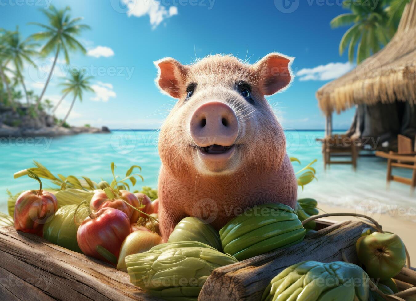 ai generiert süß Schwein Schwimmen im tropisch Meer, Sommer- Ferien Konzept. foto