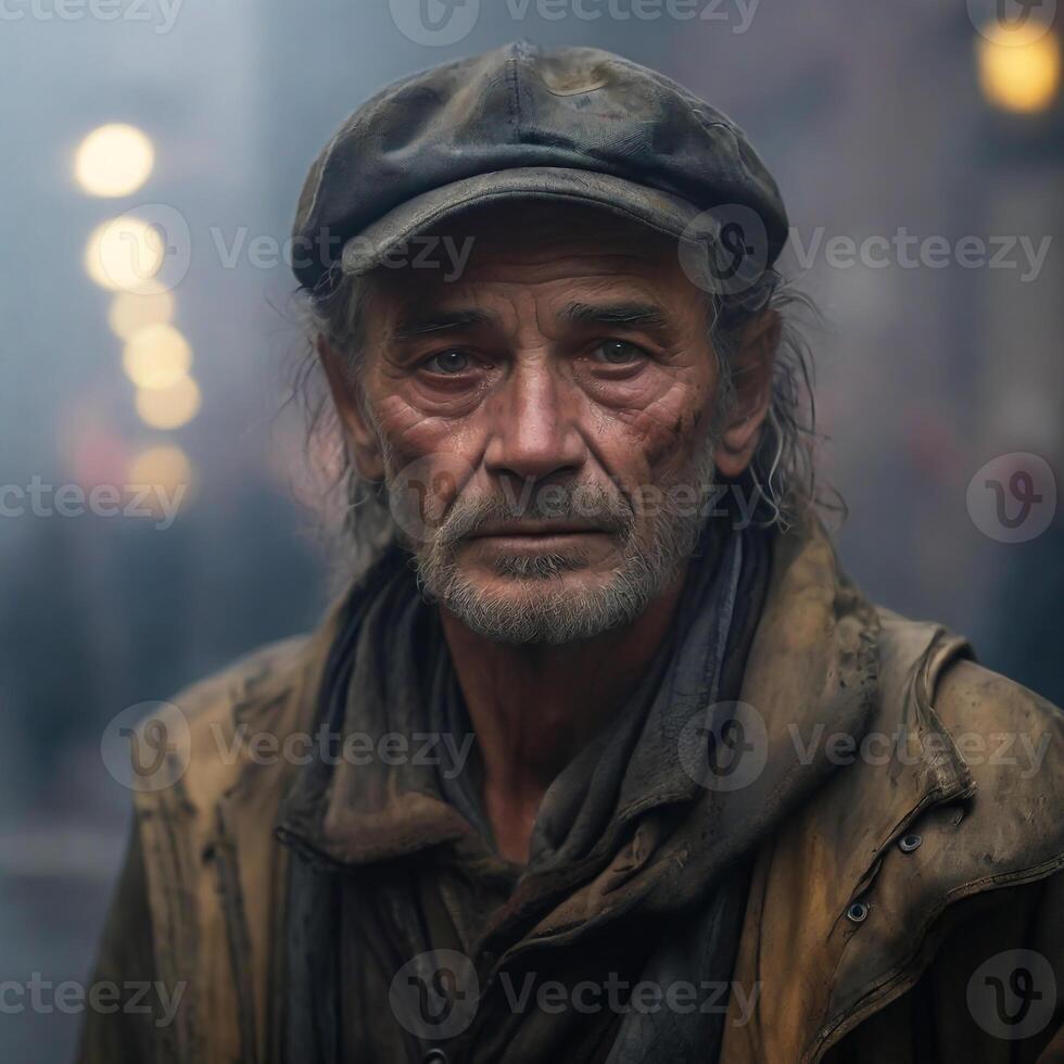 ai generiert ein schmutzig obdachlos Gentleman mit detailliert Gesicht im ein nebelig Hintergrund. foto