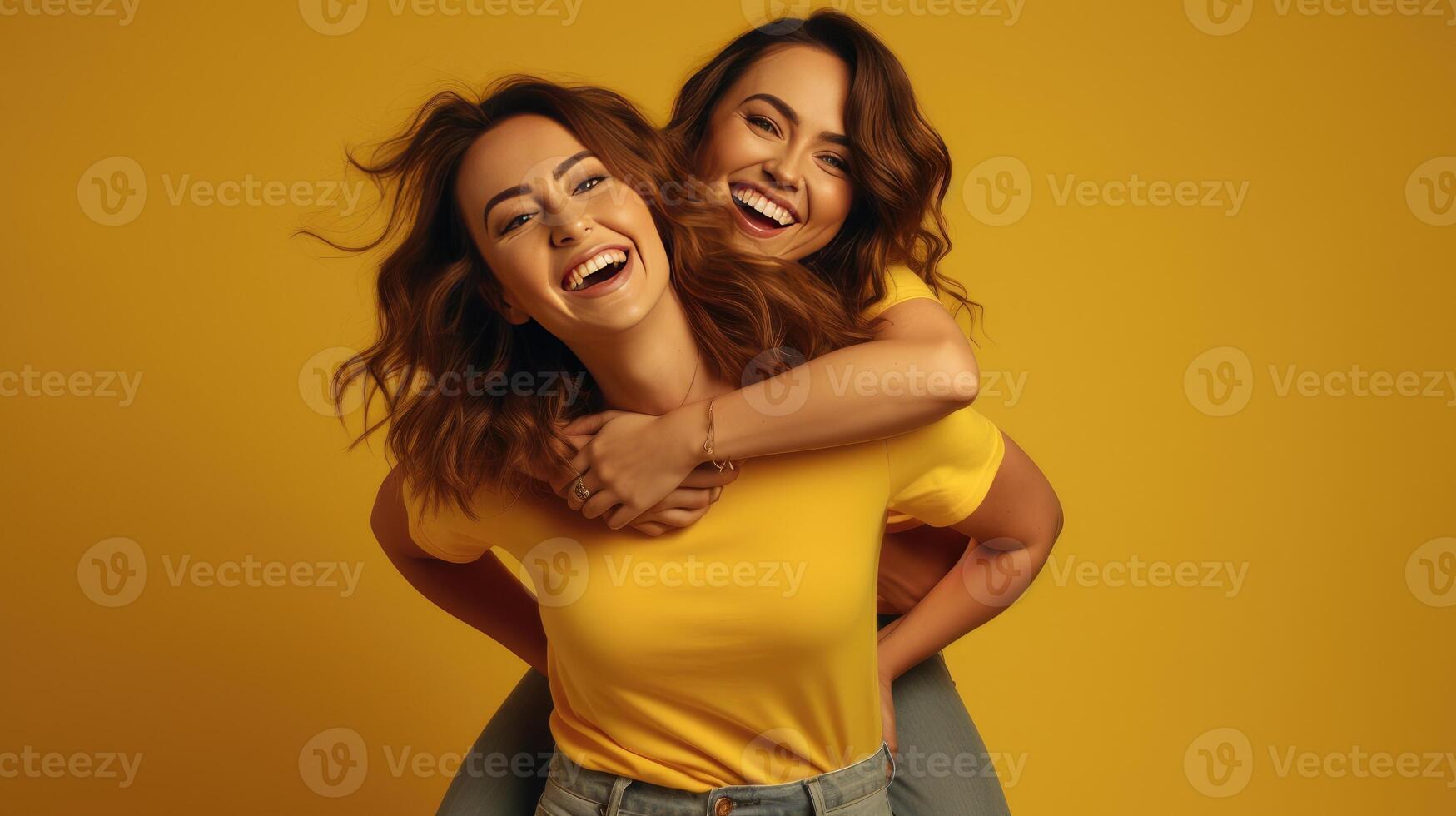 ai generiert zwei jung Frauen im beiläufig T-Shirts und Jeans geben jeder andere ein huckepack Fahrt, gelehnt auf jeder andere mit überglücklich Ausdrücke. isoliert auf Gelb Hintergrund. stark Freundschaft foto