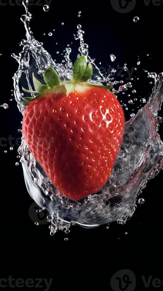 ai generiert ein Erdbeere Sein bespritzt mit Wasser foto