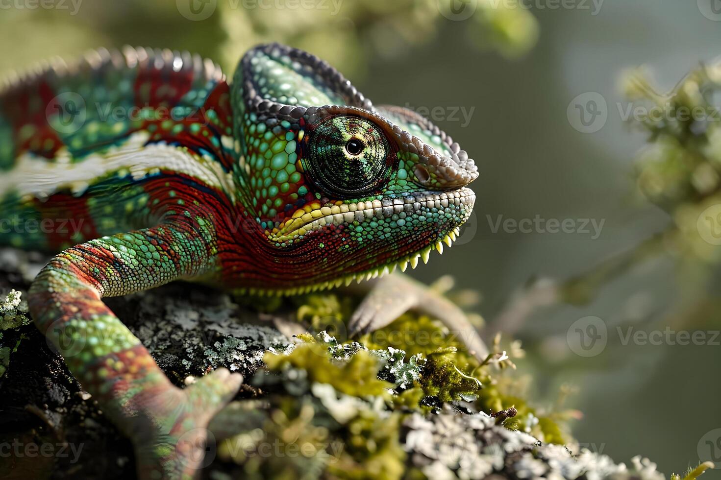 ai generiert ein bunt Chamelon Sitzung auf ein Baum Ast foto