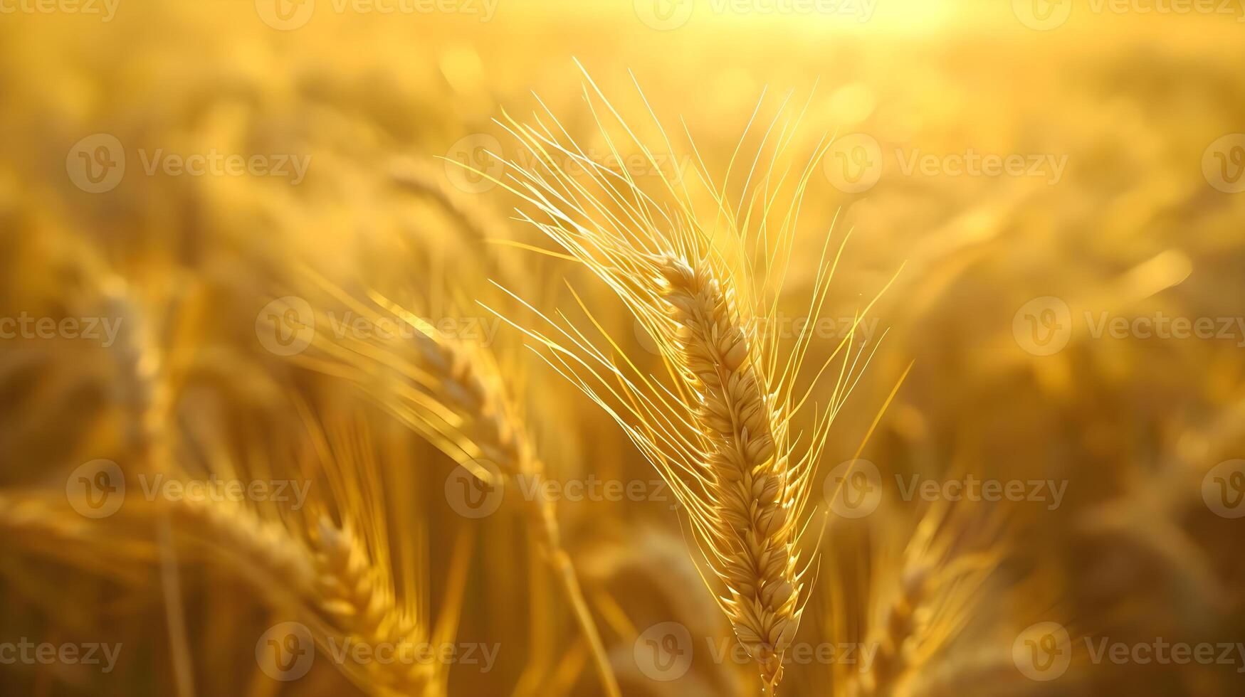 ai generiert ein schließen oben von ein Weizen Feld mit das Sonne im das Hintergrund foto