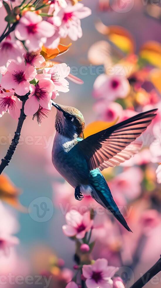 ai generiert ein Kolibri Sitzstangen auf ein Ast von ein blühen Baum foto