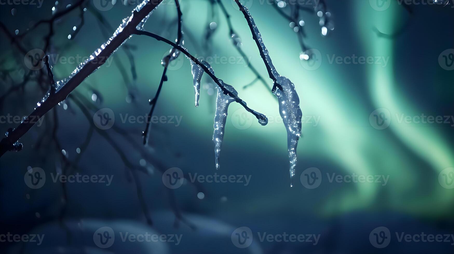 ai generiert ein Baum Ast mit Eiszapfen hängend von es foto