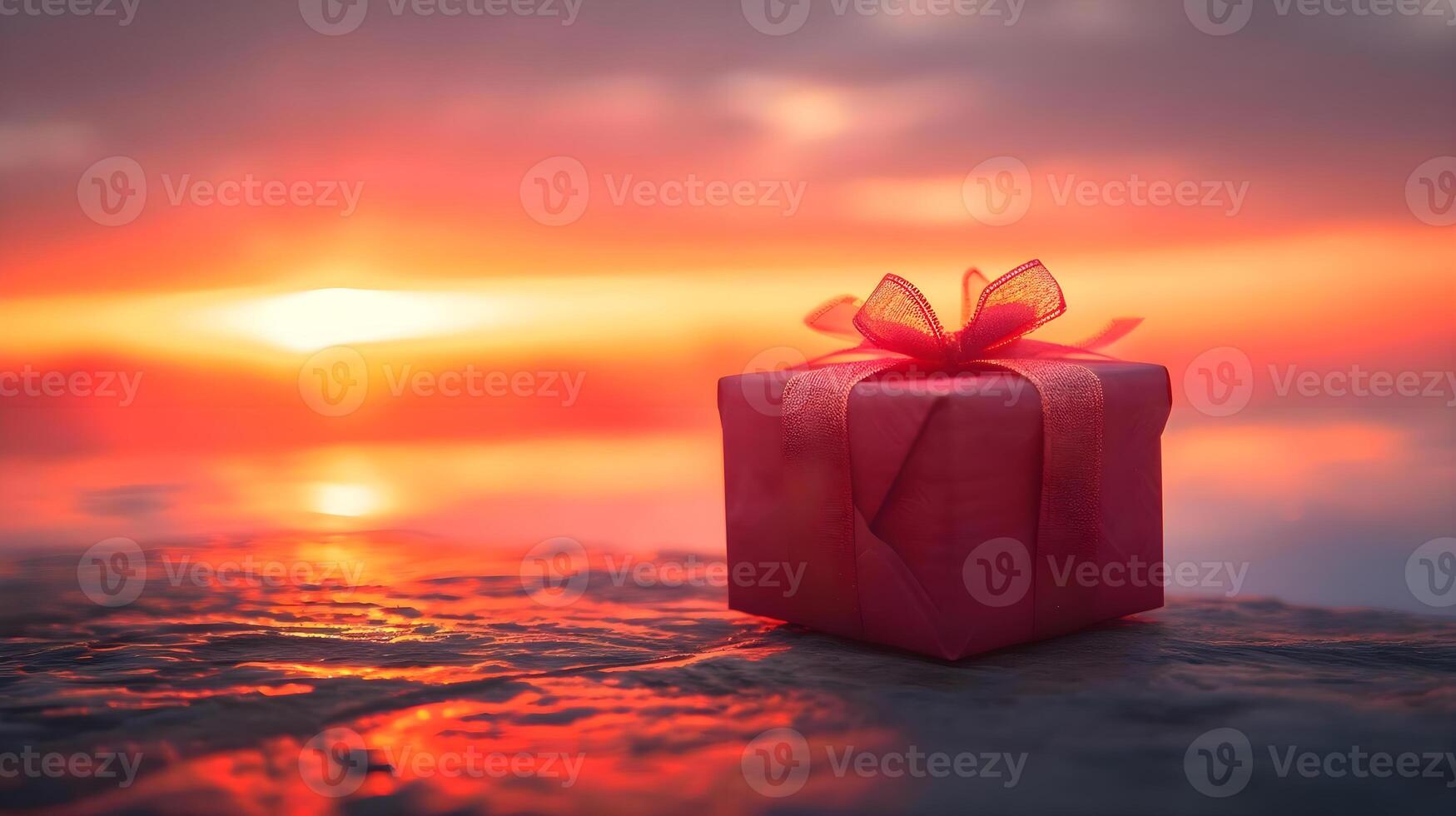 ai generiert ein rot Geschenk Box mit ein Bogen auf ein Strand foto