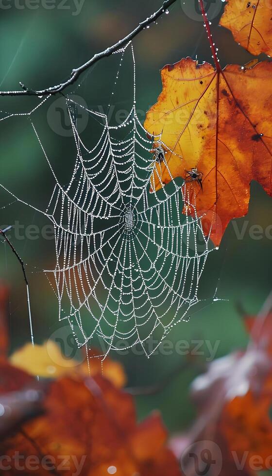 ai generiert ein Spinne Netz ist hängend von ein Baum Ast foto