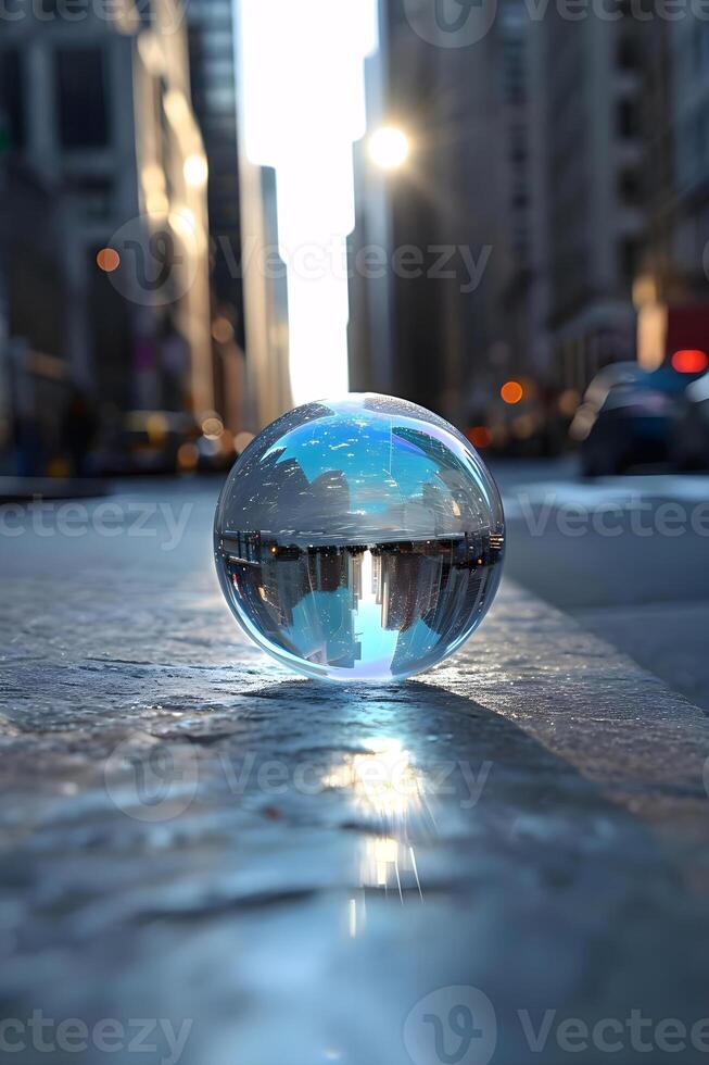 ai generiert ein Glas Ball Sitzung auf das Seite von ein Straße foto