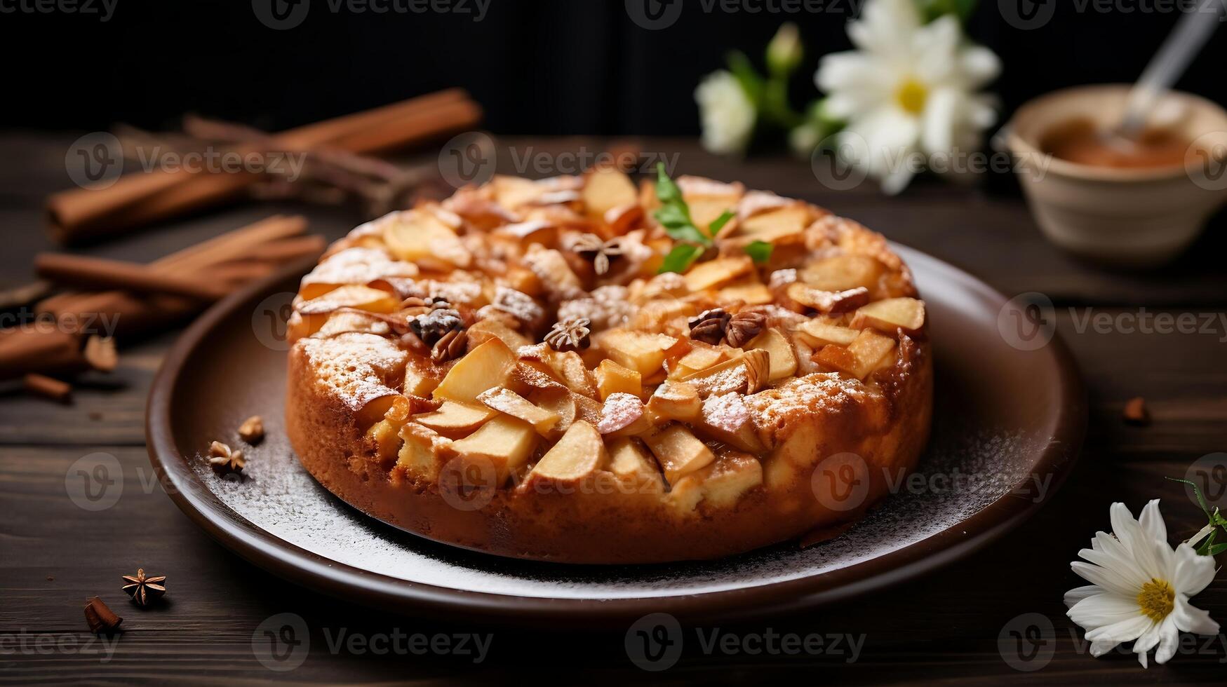 ai generiert Apfel Kuchen im Teller auf grau hölzern Tabelle foto