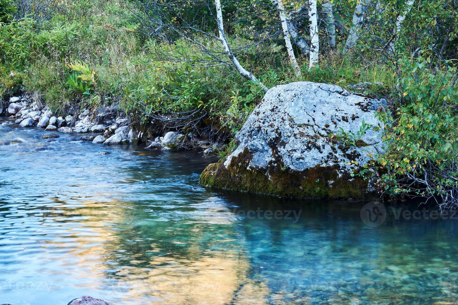 Strom Schwimmbad von ein klein Berg Fluss mit ein schön Felsen auf das Bank foto