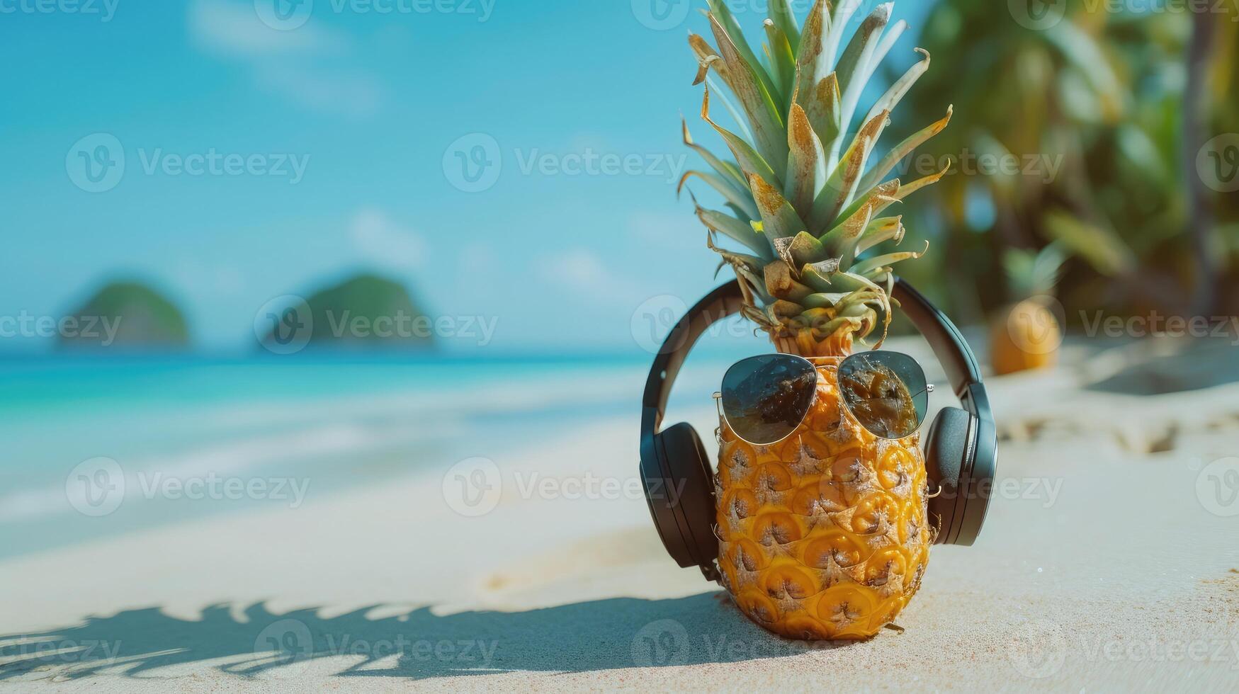 ai generiert Ananas mit Sonnenbrille und Kopfhörer beim tropisch Strand - - Urlaub Ferien Konzept foto