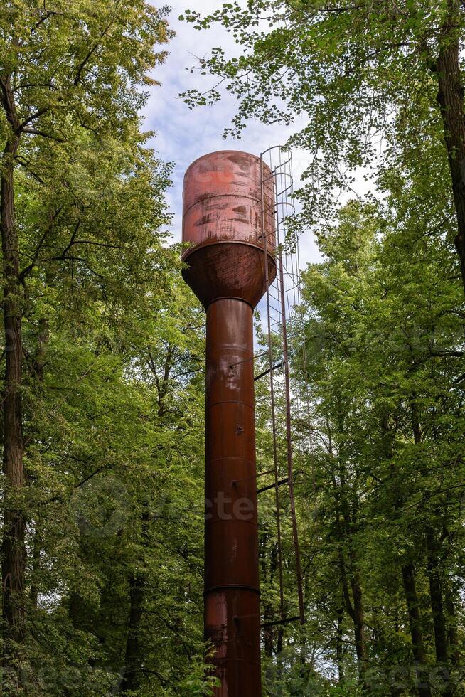 alt Metall Wasser Turm im das Wald foto