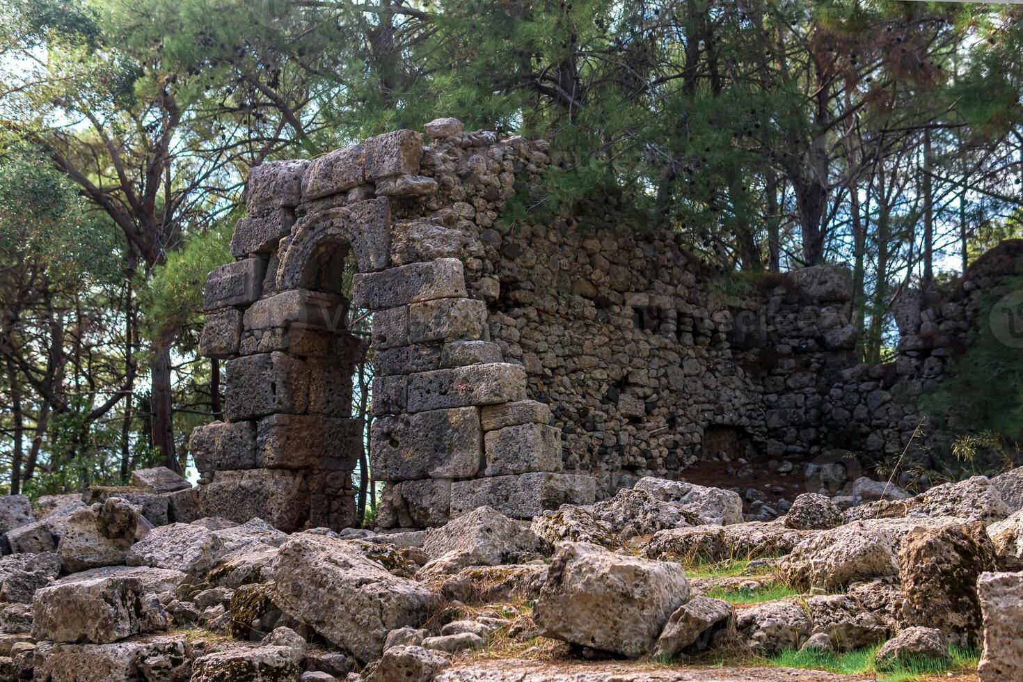 Ruinen von Antiquität Gebäude unter das Wald im das uralt Stadt von Phaselis foto