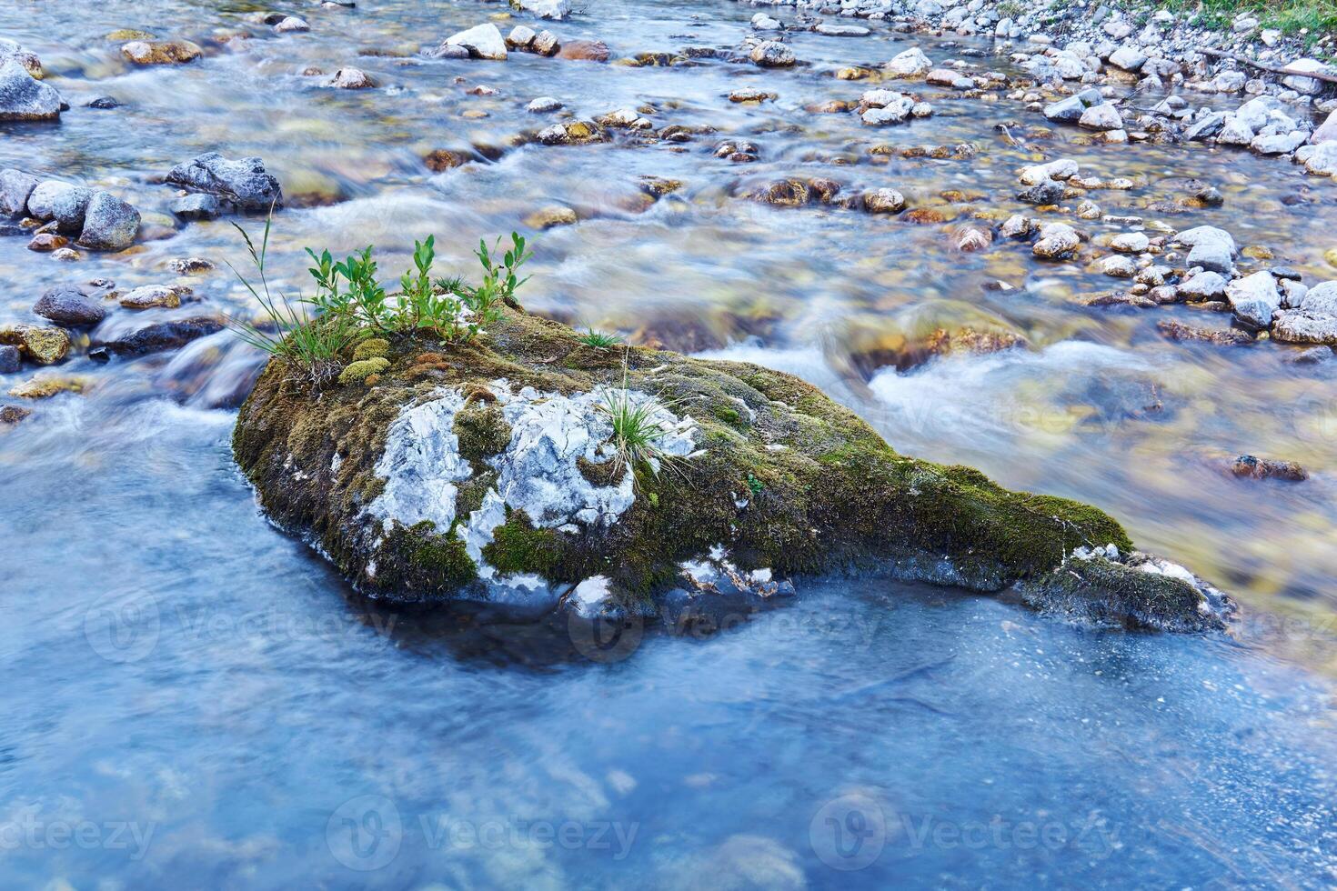 klein Welt ist gelegen auf ein Felsbrocken kleben aus im das Mitte von ein Berg Fluss foto